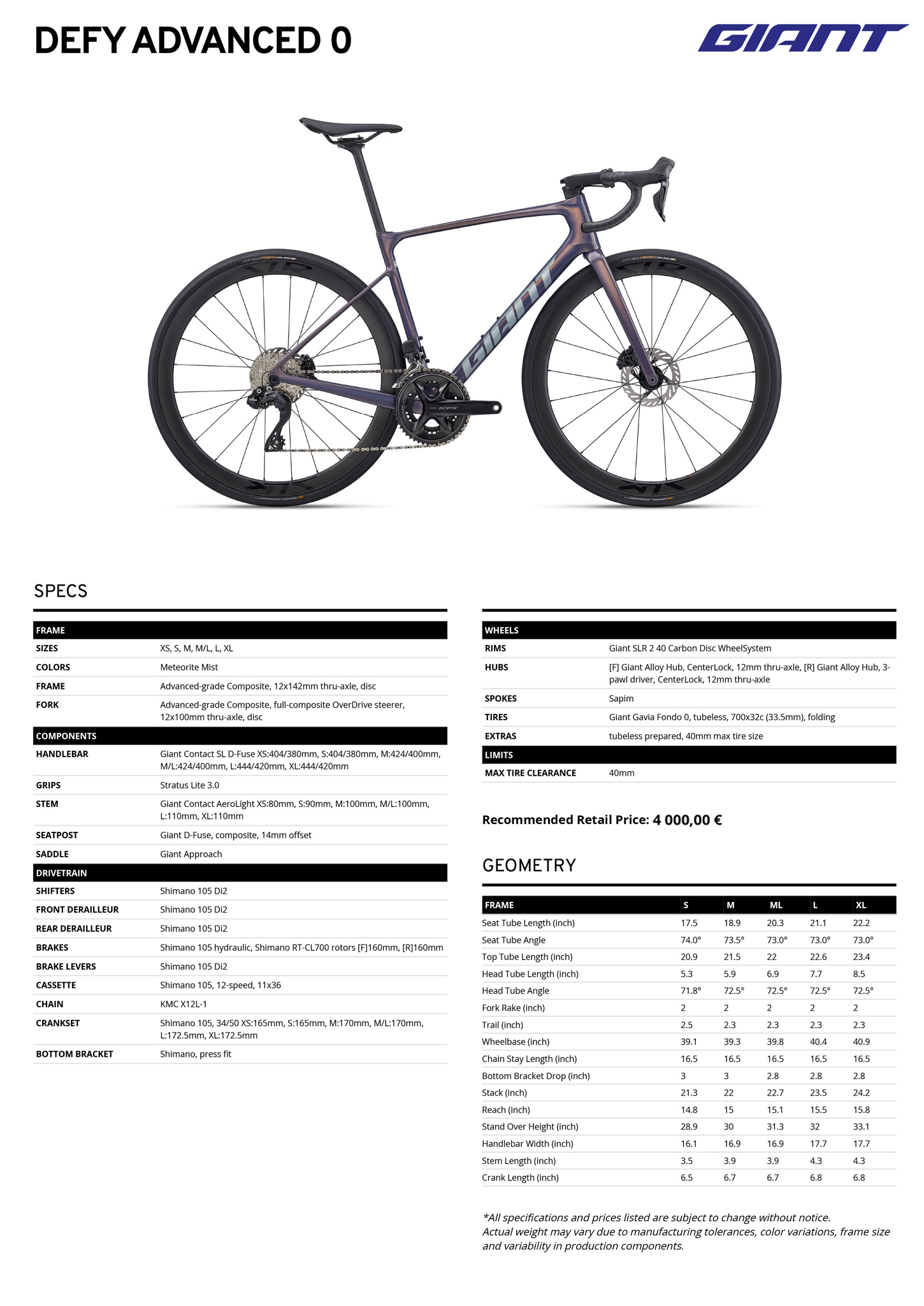 Fiche technique du velo Defy Advanced 0 année 2026